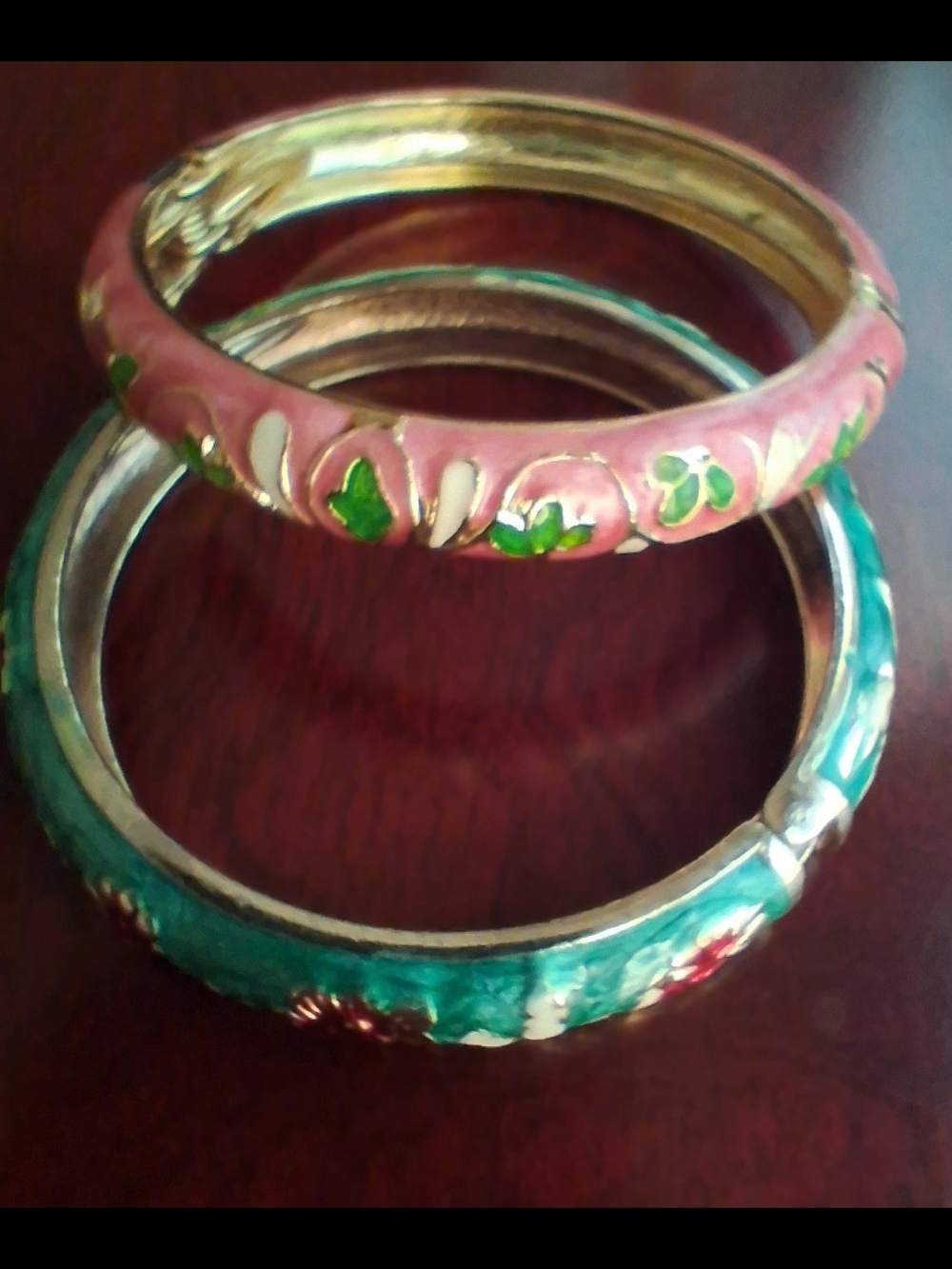 Vintage Cloisonné Pink and Teal Enamel Bangle Set
